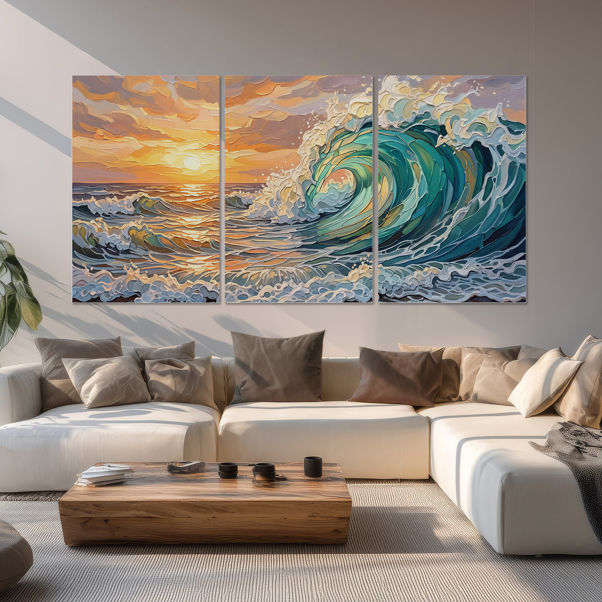 A curling turquoise ocean wave beneath a warm orange sunset set of 3 poster prints displayed in a living room