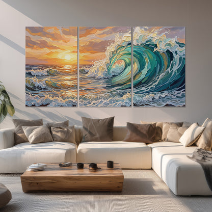 A curling turquoise ocean wave beneath a warm orange sunset set of 3 poster prints displayed in a living room
