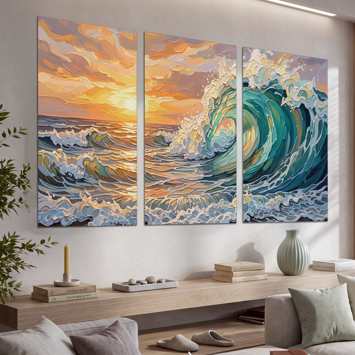 A curling turquoise ocean wave beneath a warm orange sunset set of 3 poster prints displayed in a console