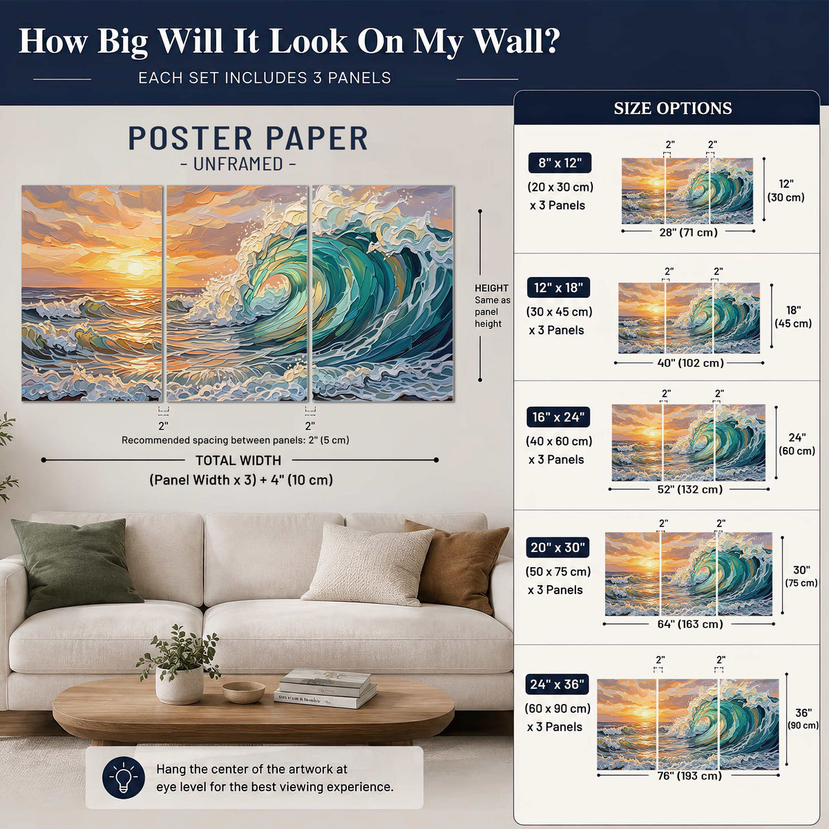 A curling turquoise ocean wave beneath a warm orange sunset set of 3 poster prints size guide above a sofa; room view is illustrative