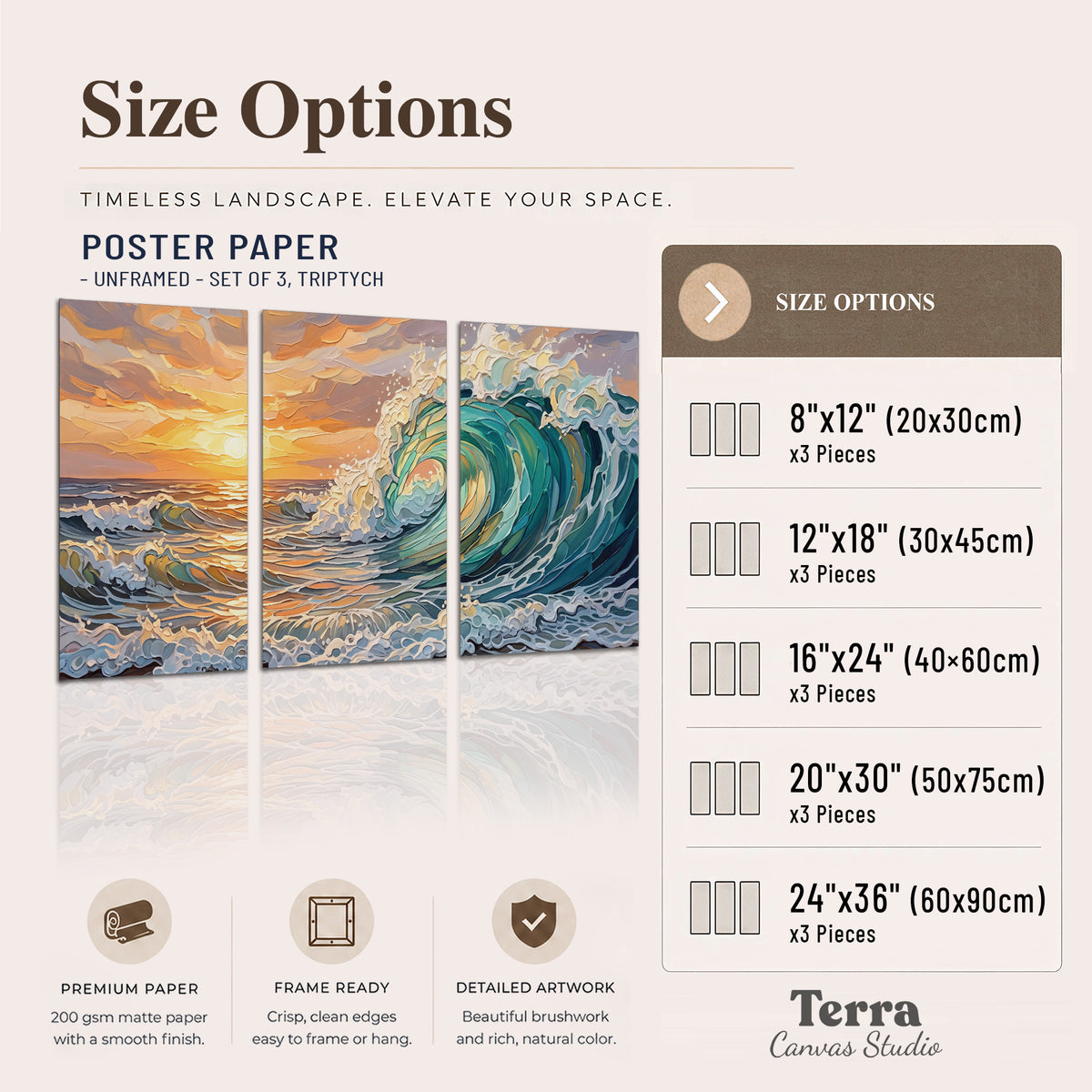 A curling turquoise ocean wave beneath a warm orange sunset set of 3 poster prints available dimensions; triptych dimensions are per panel