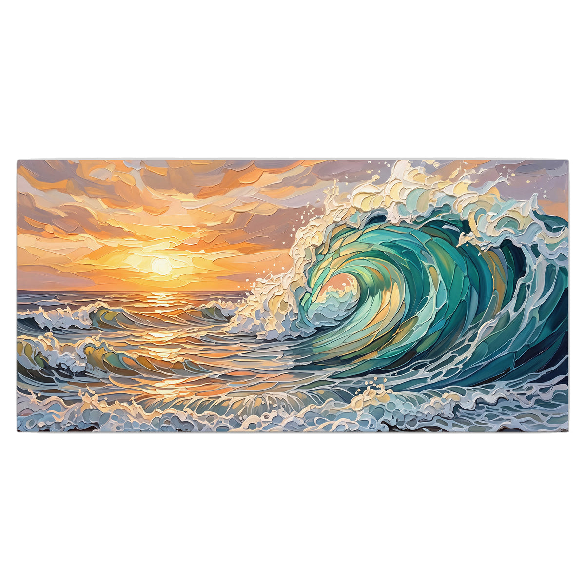 A curling turquoise ocean wave beneath a warm orange sunset single canvas wall art viewed straight on