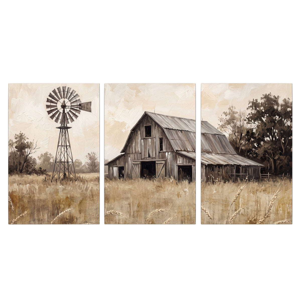 A weathered wooden barn and windmill in a golden country field 3 piece canvas wall art viewed straight on