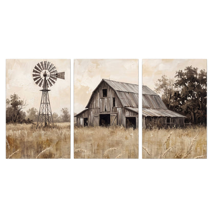 A weathered wooden barn and windmill in a golden country field 3 piece canvas wall art viewed straight on