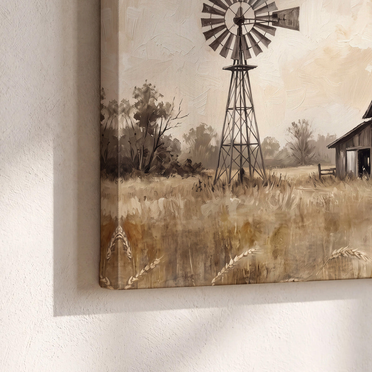 A weathered wooden barn and windmill in a golden country field 3 piece canvas wall art material and edge close up