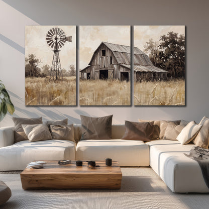 A weathered wooden barn and windmill in a golden country field 3 piece canvas wall art displayed in a living room
