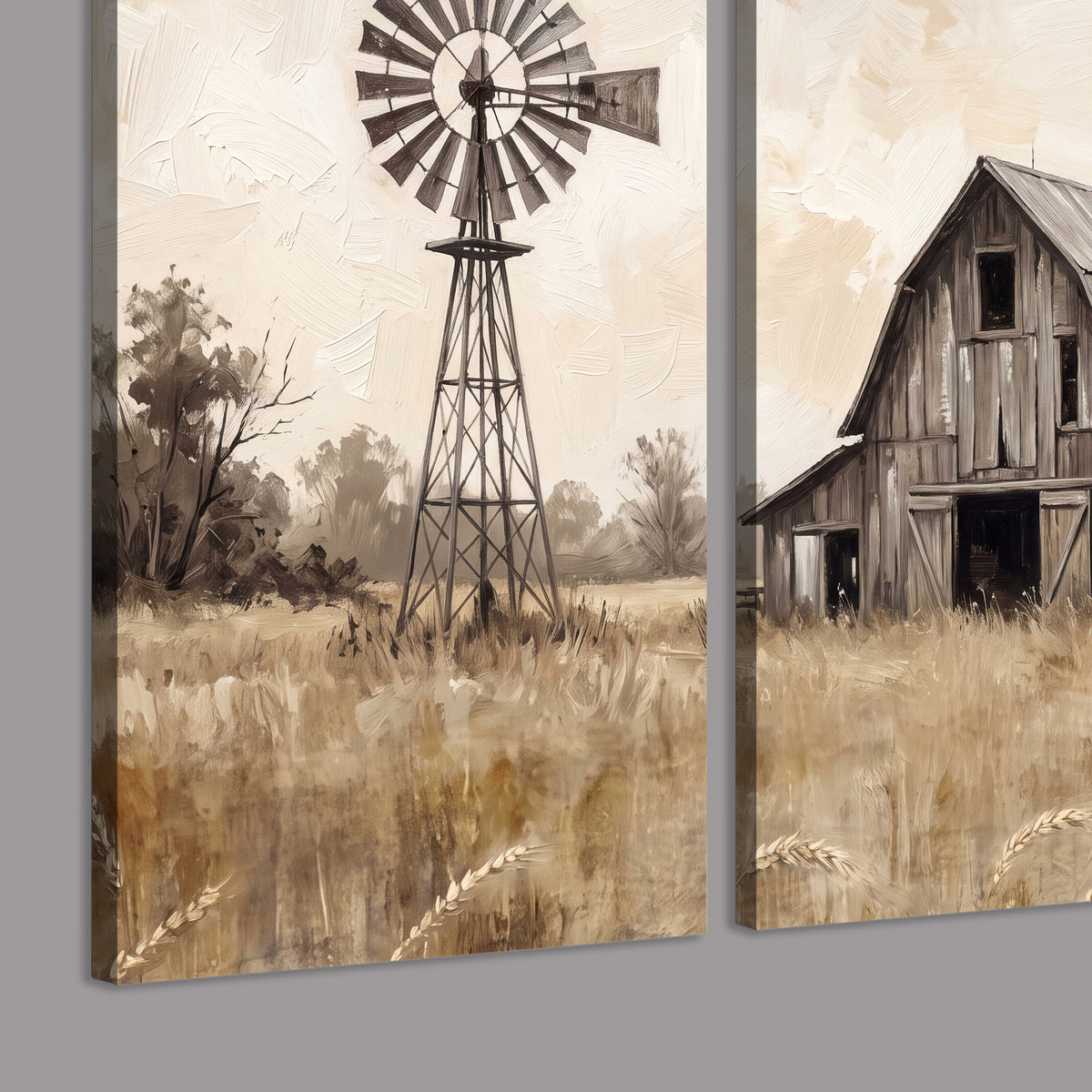 A weathered wooden barn and windmill in a golden country field 3 piece canvas wall art room and product view