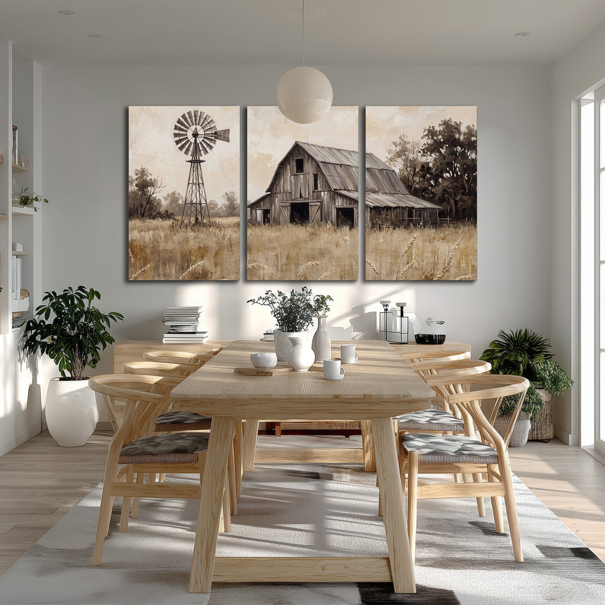 A weathered wooden barn and windmill in a golden country field 3 piece canvas wall art room and product view