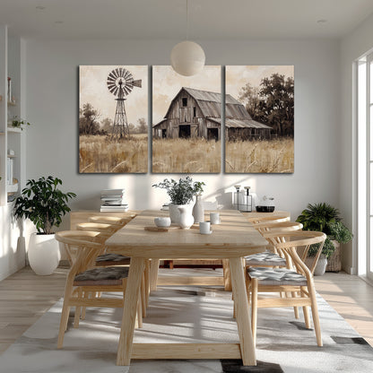 A weathered wooden barn and windmill in a golden country field 3 piece canvas wall art room and product view