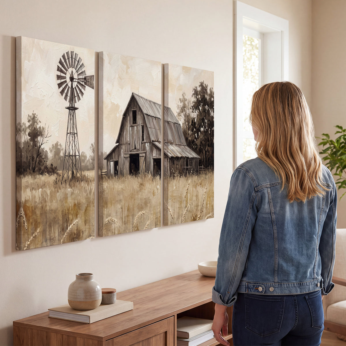 A weathered wooden barn and windmill in a golden country field 3 piece canvas wall art three panel arrangement on a wall