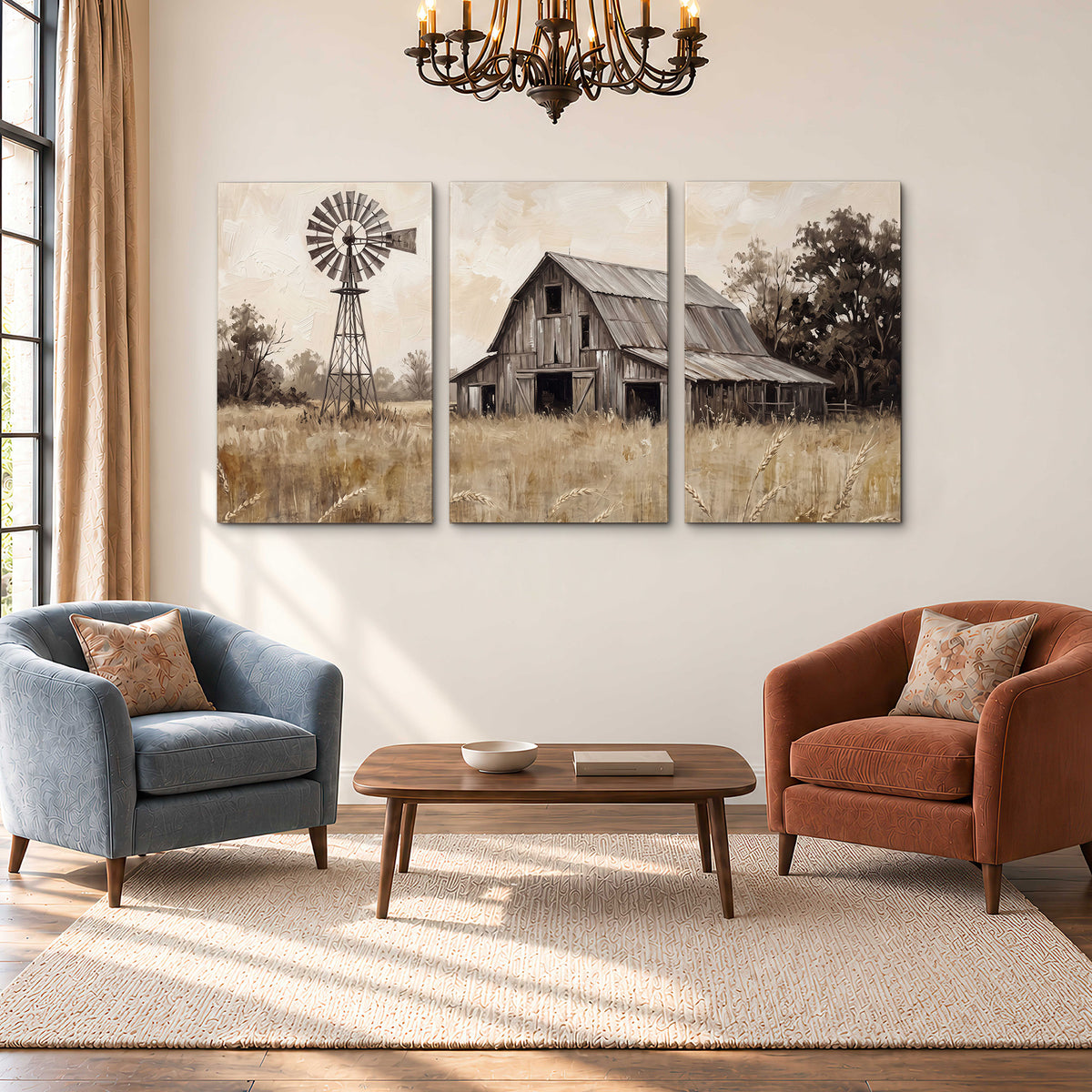 A weathered wooden barn and windmill in a golden country field 3 piece canvas wall art styled in an interior