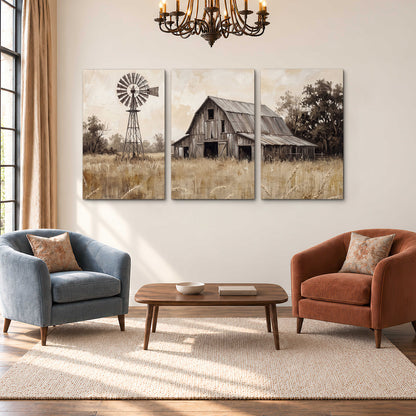 A weathered wooden barn and windmill in a golden country field 3 piece canvas wall art styled in an interior
