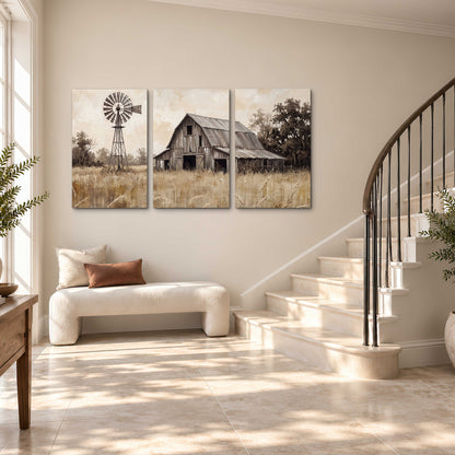 A weathered wooden barn and windmill in a golden country field 3 piece canvas wall art styled in an interior