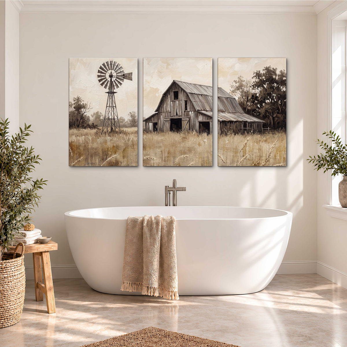 A weathered wooden barn and windmill in a golden country field 3 piece canvas wall art styled in an interior