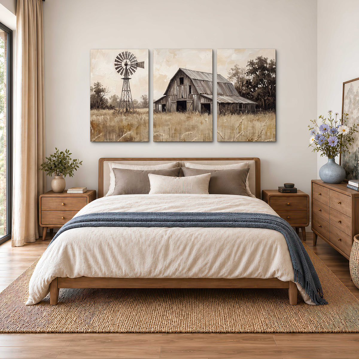 A weathered wooden barn and windmill in a golden country field 3 piece canvas wall art styled in an interior