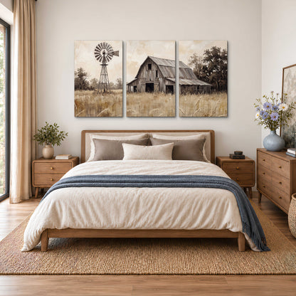 A weathered wooden barn and windmill in a golden country field 3 piece canvas wall art styled in an interior