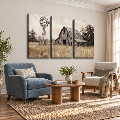 A weathered wooden barn and windmill in a golden country field 3 piece canvas wall art styled in an interior