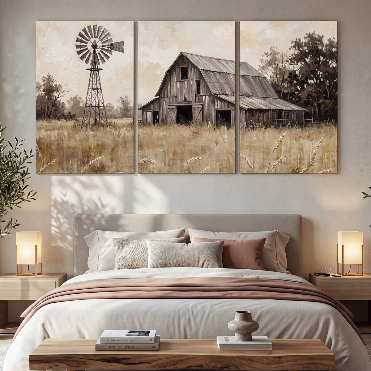 A weathered wooden barn and windmill in a golden country field 3 piece canvas wall art displayed in a bedroom