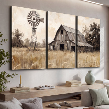 A weathered wooden barn and windmill in a golden country field 3 piece canvas wall art displayed in a console
