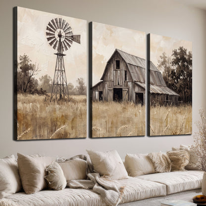 A weathered wooden barn and windmill in a golden country field 3 piece canvas wall art room and product view