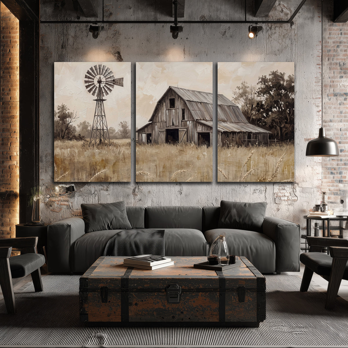 A weathered wooden barn and windmill in a golden country field 3 piece canvas wall art displayed in a industrial room