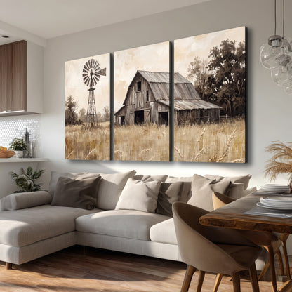 A weathered wooden barn and windmill in a golden country field 3 piece canvas wall art room and product view