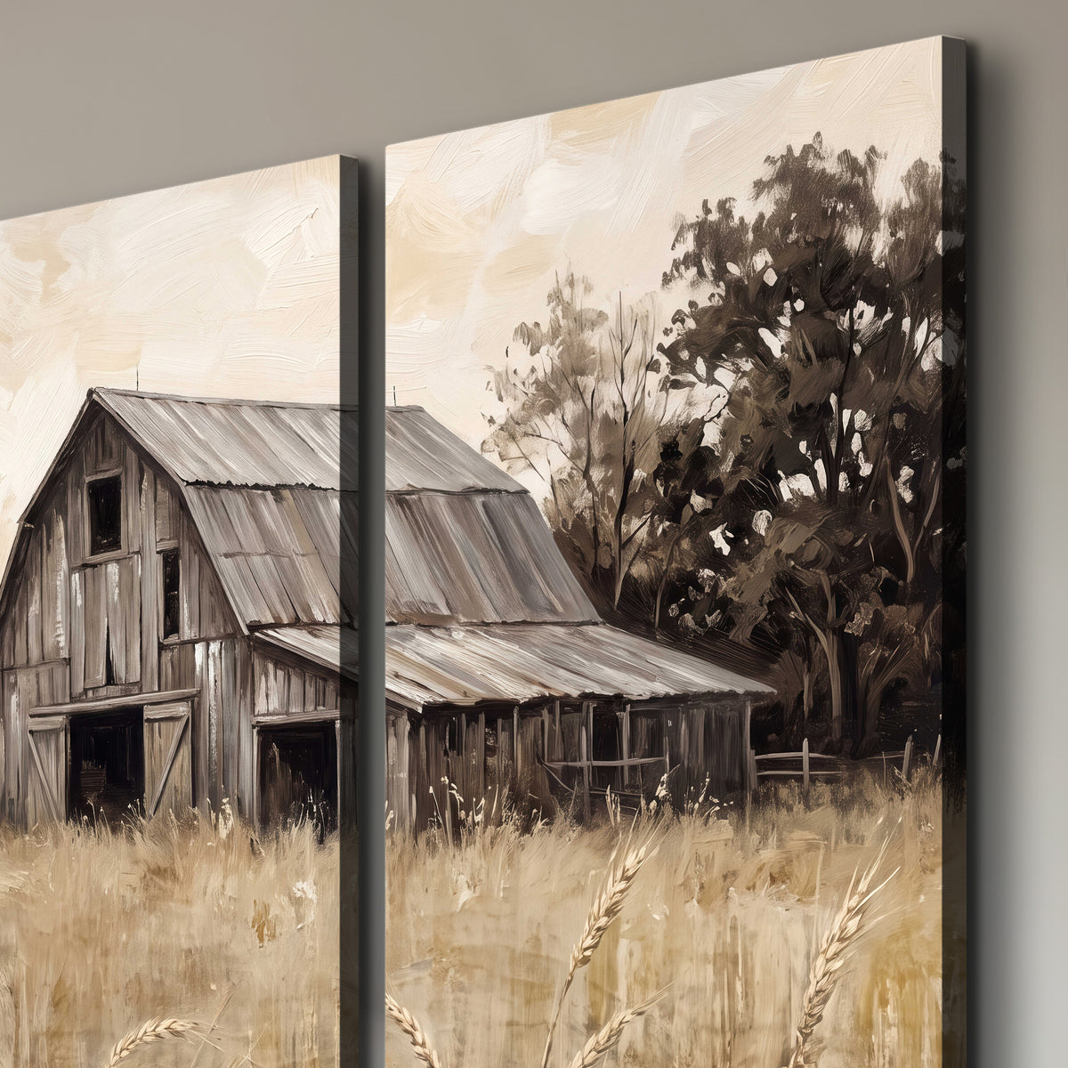 A weathered wooden barn and windmill in a golden country field 3 piece canvas wall art room and product view