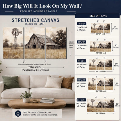 A weathered wooden barn and windmill in a golden country field 3 piece canvas wall art size guide above a sofa; room view is illustrative
