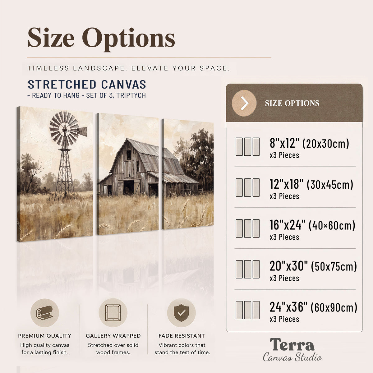 A weathered wooden barn and windmill in a golden country field 3 piece canvas wall art available dimensions; triptych dimensions are per panel
