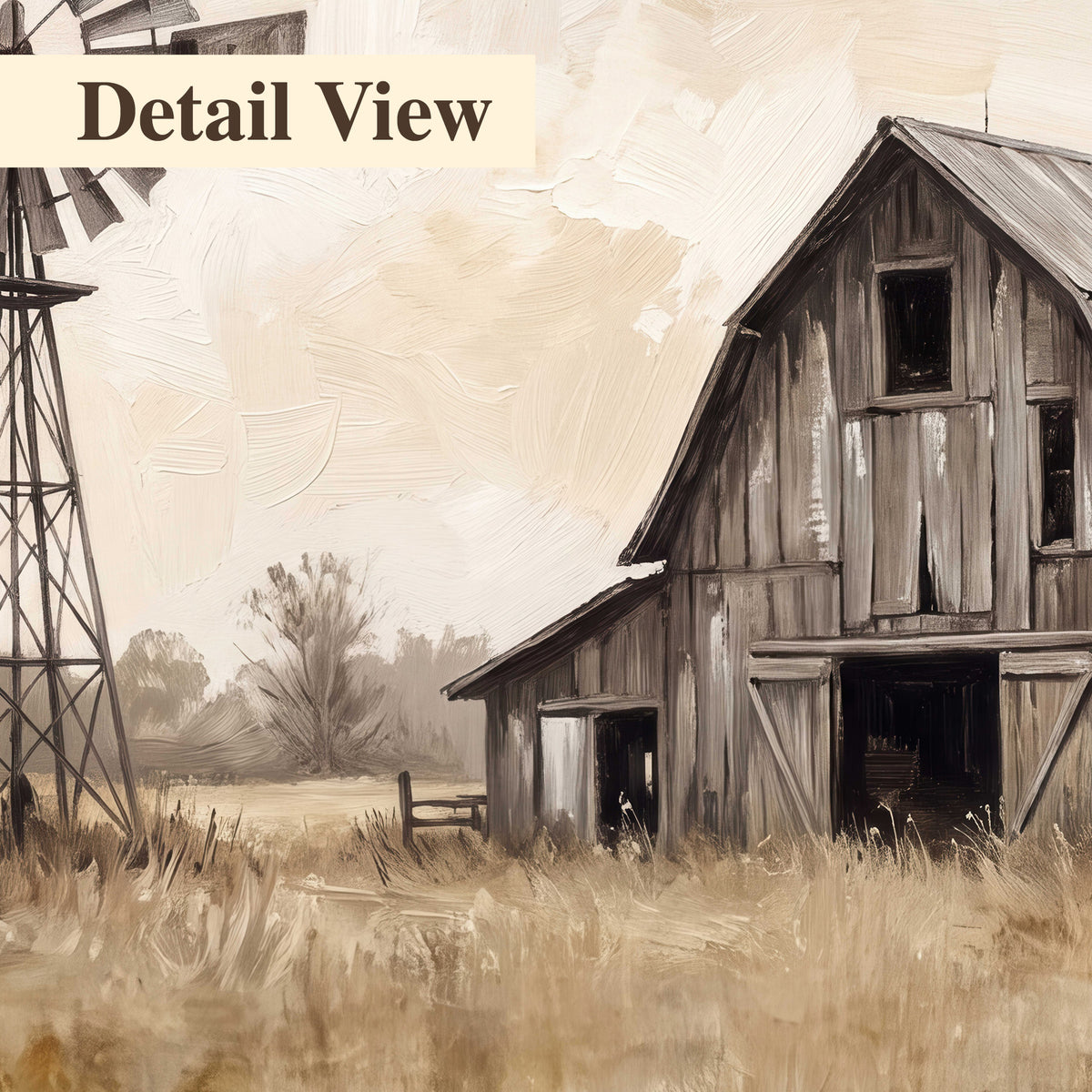 A weathered wooden barn and windmill in a golden country field 3 piece canvas wall art artwork detail close up