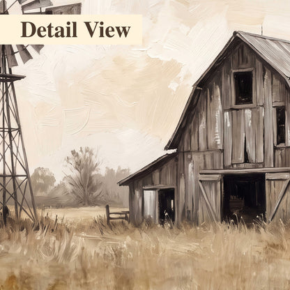 A weathered wooden barn and windmill in a golden country field 3 piece canvas wall art artwork detail close up