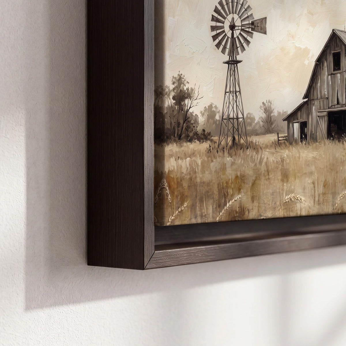 A weathered wooden barn and windmill in a golden country field 3 piece framed canvas wall art material and edge close up