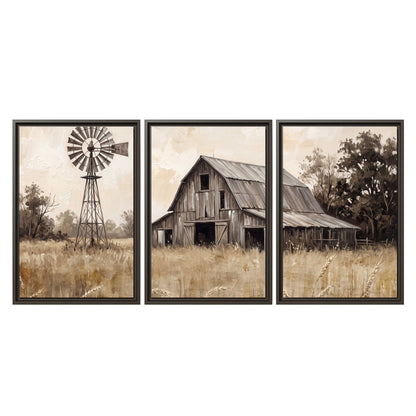 A weathered wooden barn and windmill in a golden country field 3 piece framed canvas wall art viewed straight on