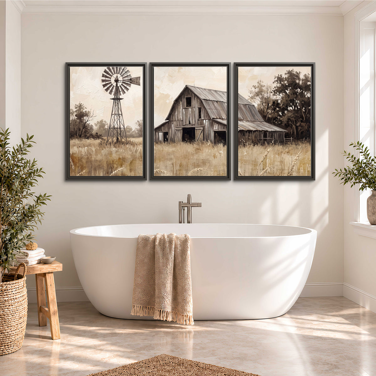 A weathered wooden barn and windmill in a golden country field 3 piece framed canvas wall art styled in an interior