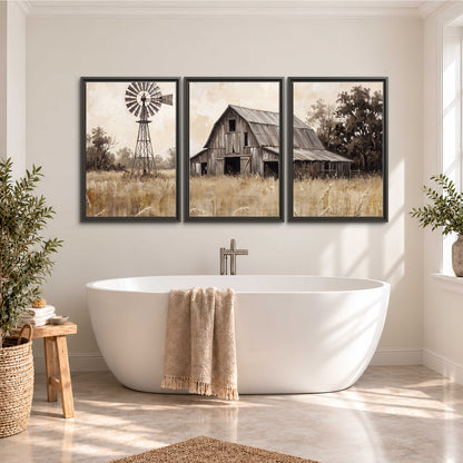A weathered wooden barn and windmill in a golden country field 3 piece framed canvas wall art styled in an interior