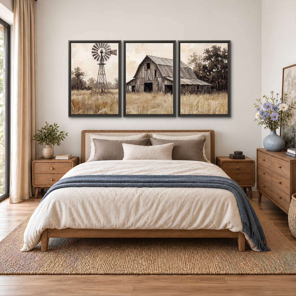 A weathered wooden barn and windmill in a golden country field 3 piece framed canvas wall art styled in an interior