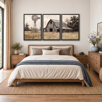 A weathered wooden barn and windmill in a golden country field 3 piece framed canvas wall art styled in an interior