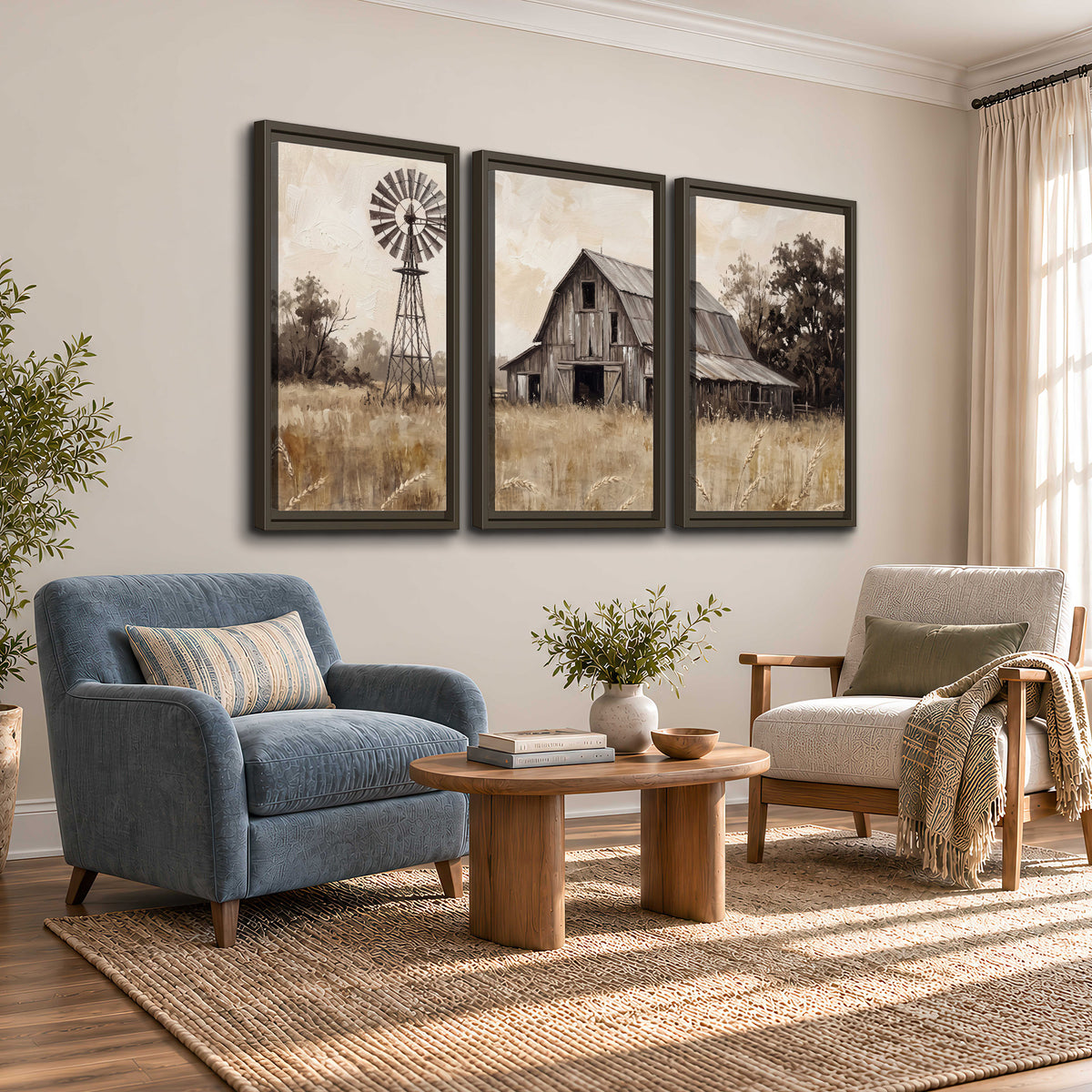 A weathered wooden barn and windmill in a golden country field 3 piece framed canvas wall art styled in an interior