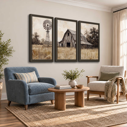 A weathered wooden barn and windmill in a golden country field 3 piece framed canvas wall art styled in an interior
