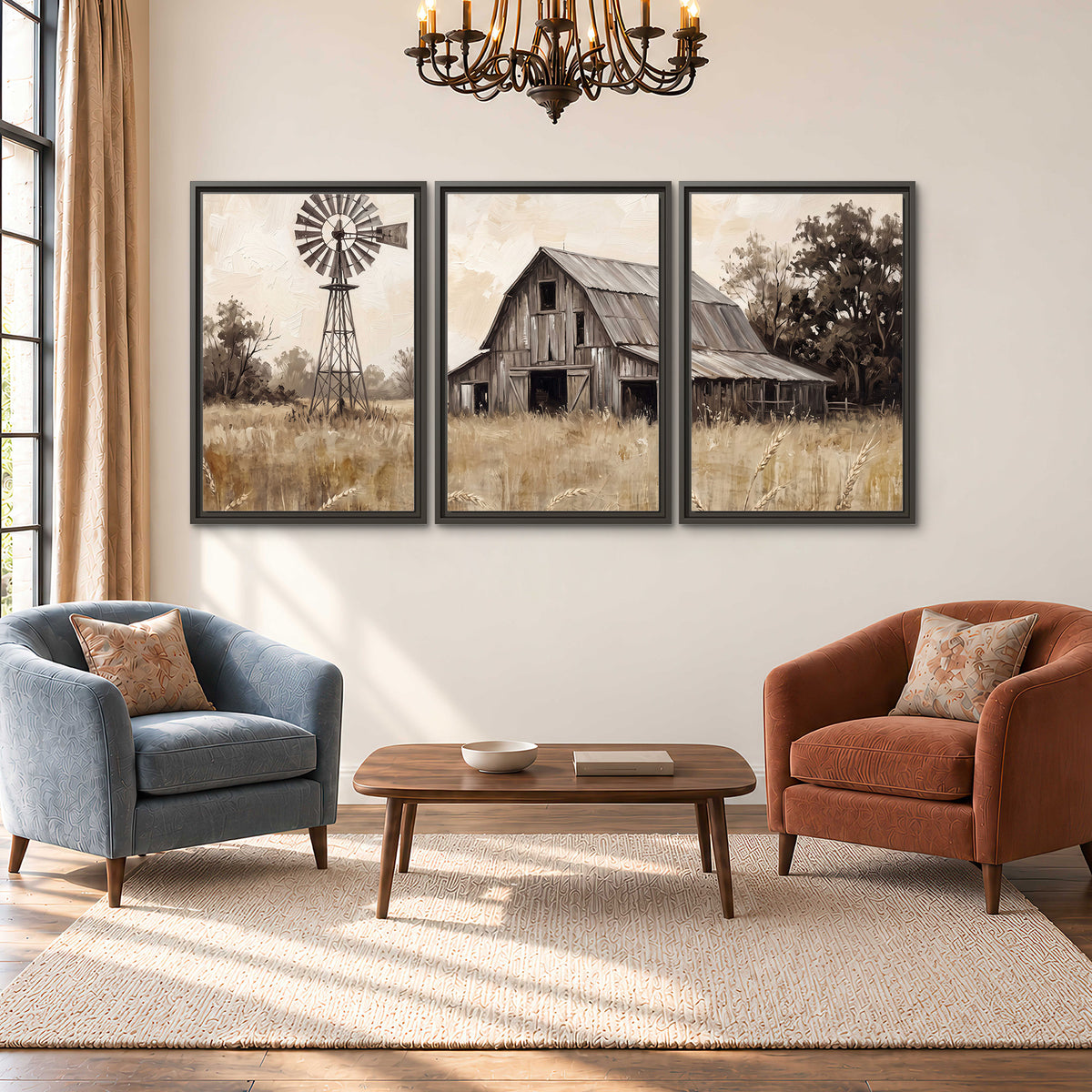 A weathered wooden barn and windmill in a golden country field 3 piece framed canvas wall art styled in an interior
