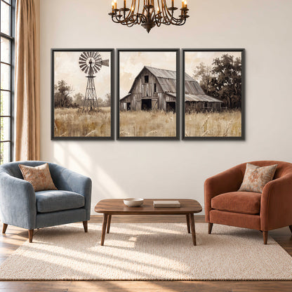 A weathered wooden barn and windmill in a golden country field 3 piece framed canvas wall art styled in an interior