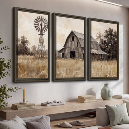 A weathered wooden barn and windmill in a golden country field 3 piece framed canvas wall art displayed in a console