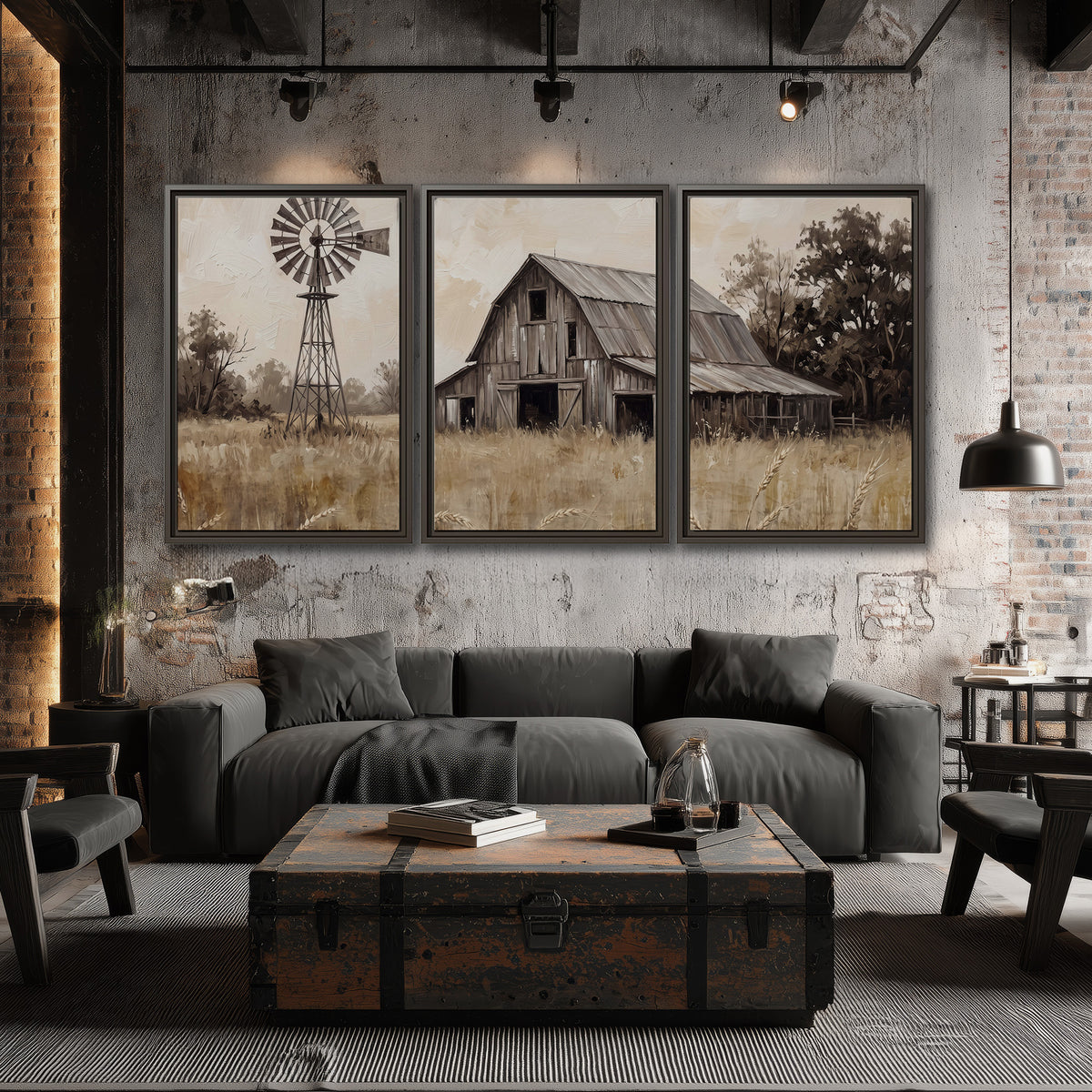 A weathered wooden barn and windmill in a golden country field 3 piece framed canvas wall art displayed in a industrial room