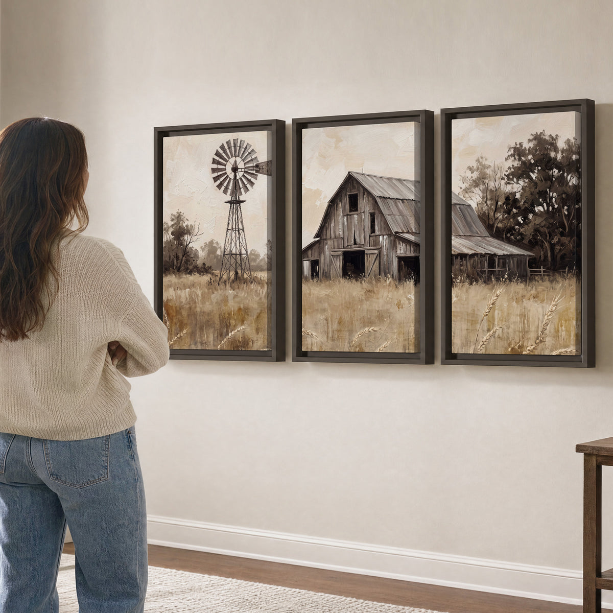 A weathered wooden barn and windmill in a golden country field 3 piece framed canvas wall art three panel arrangement on a wall