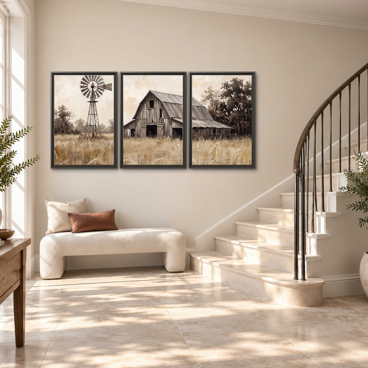 A weathered wooden barn and windmill in a golden country field 3 piece framed canvas wall art styled in an interior