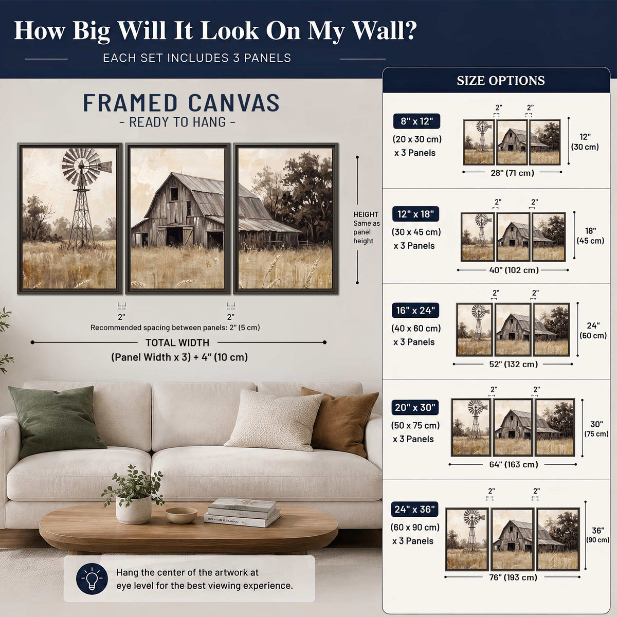 A weathered wooden barn and windmill in a golden country field 3 piece framed canvas wall art size guide above a sofa; room view is illustrative