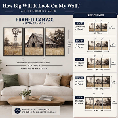 A weathered wooden barn and windmill in a golden country field 3 piece framed canvas wall art size guide above a sofa; room view is illustrative