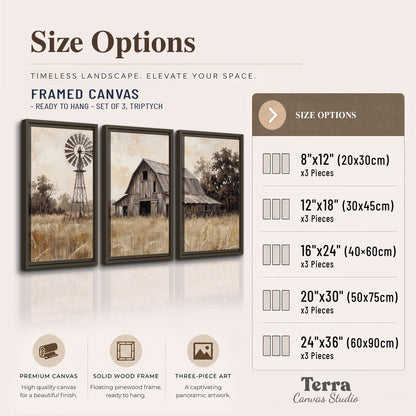 A weathered wooden barn and windmill in a golden country field 3 piece framed canvas wall art available dimensions; triptych dimensions are per panel