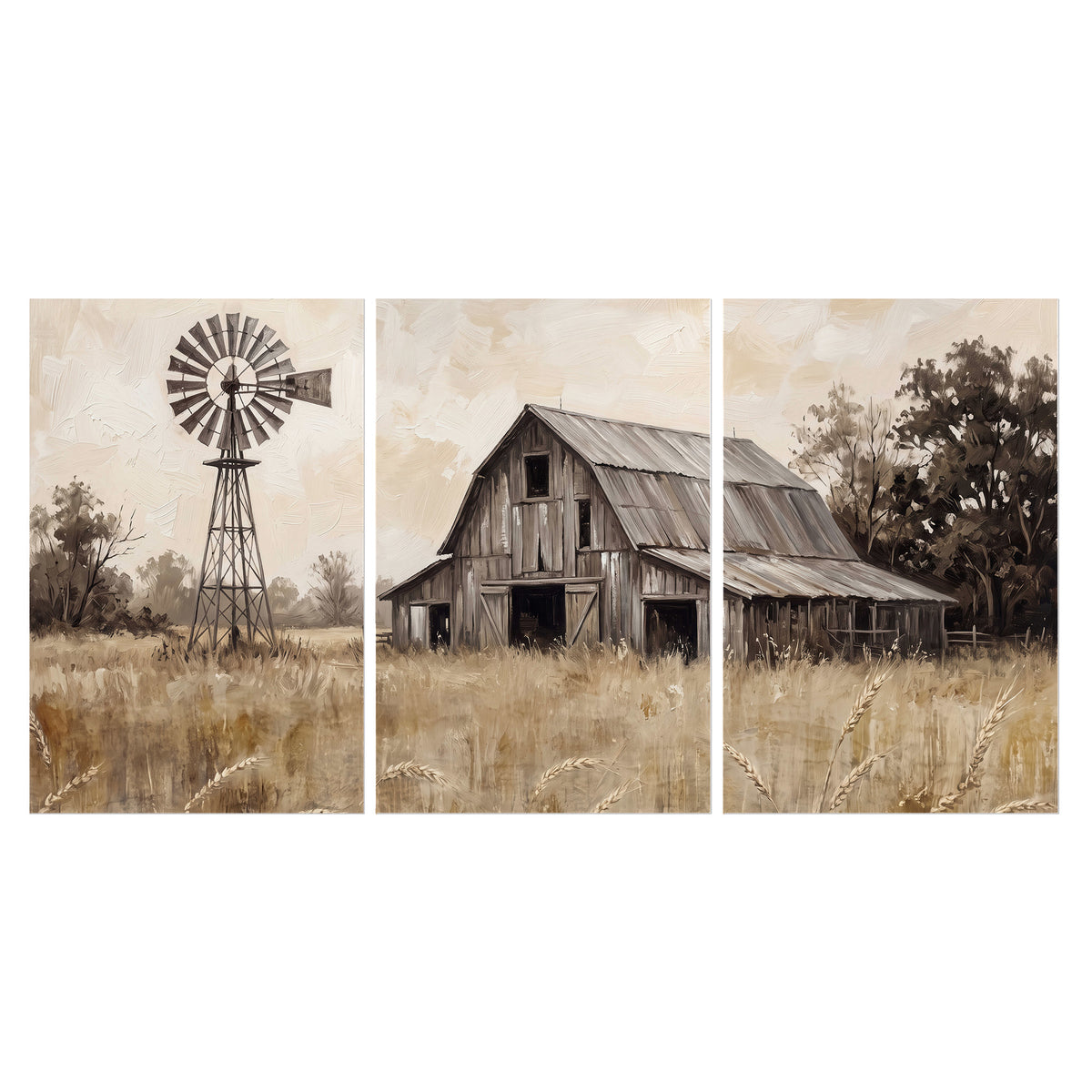 A weathered wooden barn and windmill in a golden country field set of 3 poster prints viewed straight on