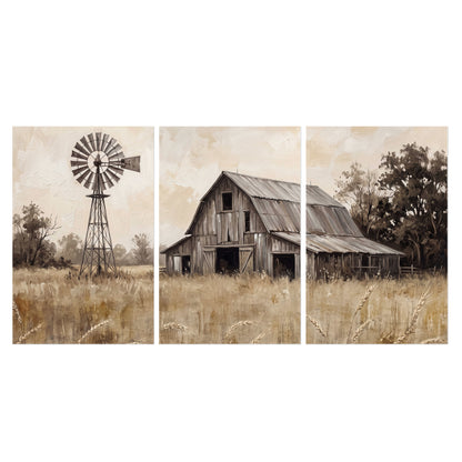 A weathered wooden barn and windmill in a golden country field set of 3 poster prints viewed straight on